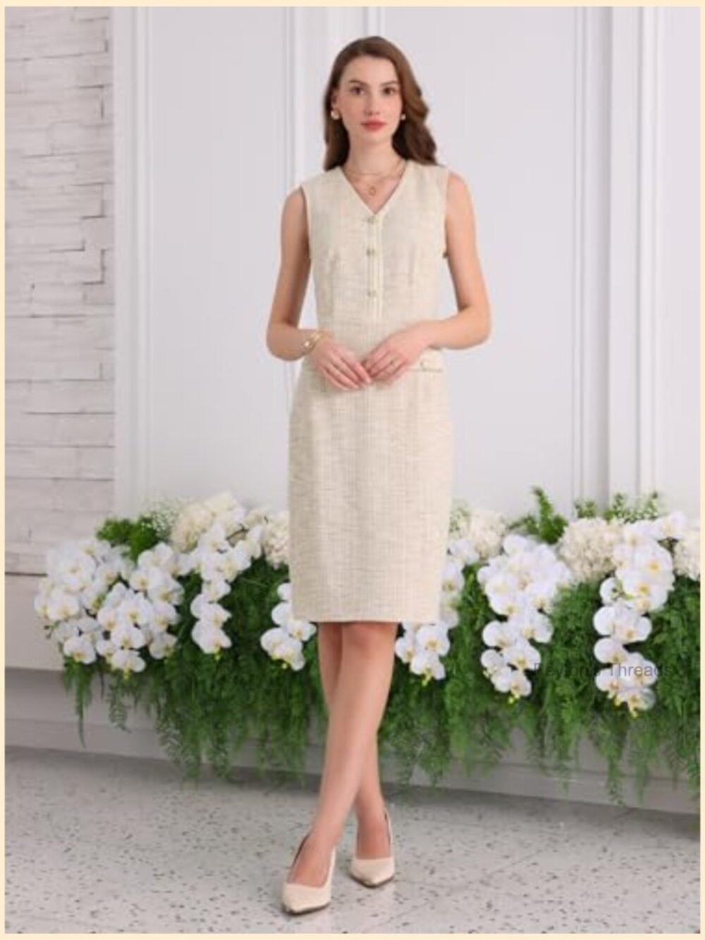 Sleeveless V Neck Tweed Sheath Pencil Dress for Work - Picture 2 of 5